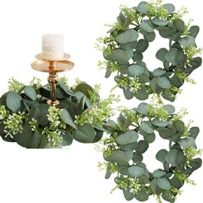 2 Pcs Eucalyptus Candle Rings Wreaths Faux Kitchen Cabinet Artificial Greenery Holder Farmhouse Small Wreath 4 inch Center for Door Wall Window Decor Centerpiece Decorations (Green)