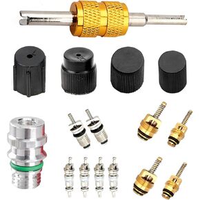 16 PCS Air Conditioning Valve Core Kit, R12 R134a Sealing Cover A/C Refrigeration System Repair Accessories, High and Low Pressure A/C Valve Core Disassembly Tool, Universal for Cars (Black)