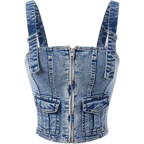 SHENHE Women's Zip Up Denim Top Adjustable Strap Sleeveless Jean Crop Top with Pockets