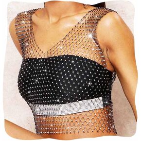 Zoestar Sparkly Crystal Mesh Tops Fashion V-Neck Rhinestone Hollow Crop Top Music Festival Rave T-Shirt Costume Party Outfits Body Chain Jewelry for Women ((Black)