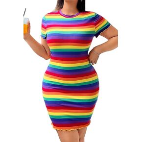 875 - Plus Size Rainbow Striped Bodycon Short Sleeve Off Shoulder Pride Summer Dress