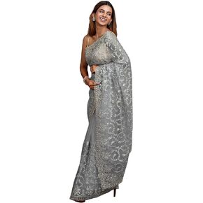 TRENDMALLS Women's Net Embroidery Work Saree with Unstitch Blouse Piece