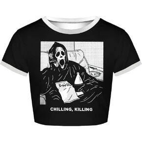 Womens Crop Tops Summer Casual Short Sleeve Goth Halloween Print Cropped T Shirts