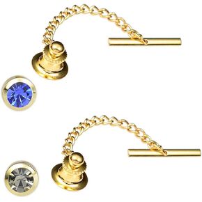 2PCS Tie Tacks for Men Blue Black Crystal Tie Clips Tie 18k Gold Plated Men's Tie Pin Chain for Wedding Business Anniversary