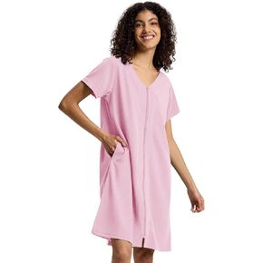 SIORO Women Zipper Robes Waffle Short Sleeve Bathrobe Lightweight Housecoat Knee Length Nightgown Loungwear with Pockets