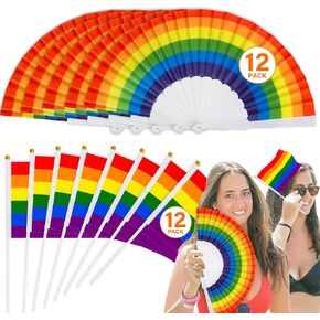 12 Pride Flags & 12 Fan, Small Gay Pride Flags Hand Fans, Rainbow Mini LGBTQ Flags Lesbian Folding Accessories, LGBT Accessories Bulk for Parade Party Decor Supplies