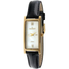 Peugeot Women's Slim 14k Gold Phited Phith Pearl Dial Dial Black Leather Thin Trup Dress Watch 3017bk