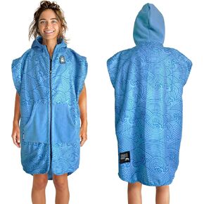 Pilotfish Surf Poncho Changing Robe Towel - Hooded, Zippered Towel Poncho for Beach, Surfing, Swimming | 2 Front Pockets, Machine Washable, (Gray/Blue, X-Small)