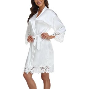 Womens Short Satin Robe Lace Trim Silk Kimono Sleepwear Bridesmaid Robes for Bride Wedding Party Nightgown