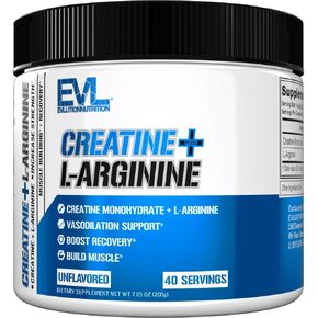 Evlution Nutrition Creatine + L-Arginine - Supports Vascularity, Recovery & Lean Muscle Growth - 2500mg Creatine Monohydrate & 2500mg L-Arginine Per Serving - 40 Servings - Unflavored Powder