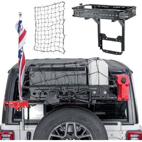 JOYTUTUS Rear Cargo Basket on OE Tailgate for 2018-2025 Wrangler JL & JLU | Heavy Duty 440LBS Capacity | Adjustable Multi-Functional Tactical Panels with Flag Pole Mount & Net Rope