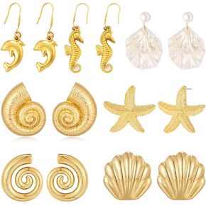 Beach Shell Earrings set for Women Gold Boho Seashell Starfish Swirl Conch Stud Earrings Summer Pearl Seahorse Dangle Drop Earrings for Summer Jewelry