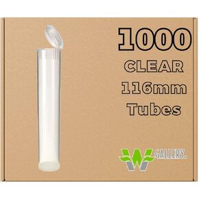 W Gallery 1000 Clear 116mm Open Cap Pop Top Tubes - Airtight Smell Proof Containers - Plastic Medical Grade Prescription Bottles for Pills Herbs Flowers Supplements, Bulk Pack, Not Glass Jars