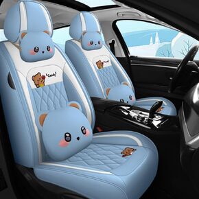 Cartoon Bear car seat Cover 5 Set for Girl Women with PU Leather for Cars SUV Pick-up Truck Universal Fit Set (Pink)