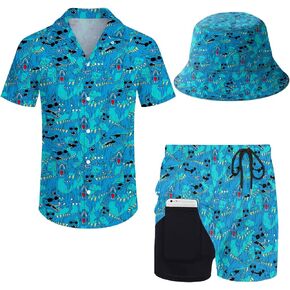 Mens 2 Piece Tracksuit Hawaiian Button Down Shirt and Compression Liner Shorts Sets with Bucket Hats