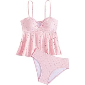 SHENHE Girl's Ruffle Flounce Tankini Swimsuit O Ring Spaghetti Strap Eyelet Bathing Suits