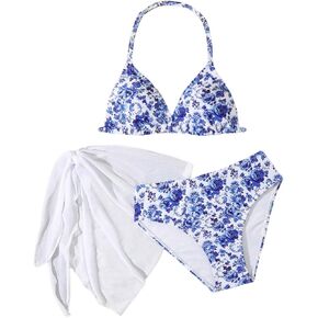 SHENHE Girl's 3 Piece Swimsuits Floral Halter Triangle Bikini Bathing Suit with Cover Up Skirt