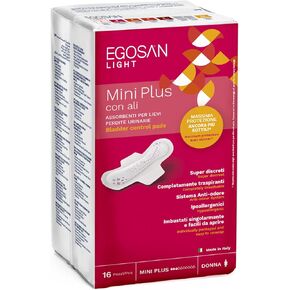 Egosan Mini Plus Incontinence Pads for Women, 16 Count, Thin, Light, Discreet, Hypoallergenic, Odor Control, Italian Design