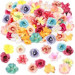Hanaive 80 Pcs Faux Flower Heads Mini Artificial Flower Heads Fake Peony Daisy Rose Plum Blossom Multicolor Small Silk Daisy for DIY Home Wedding Crafts Decoration (Bright Color)