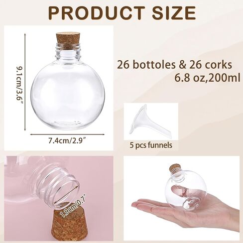 Btsky 26 PCS 6.8 أوقية زجاجات بلاستيكية مع الفلين ، زجاجات فنية رمال صافية مع مسارات ، زجاجات ميني بوتون حاويات الزيت العطرية صناديق الحلوى لديكور حفل زفاف الحرف DIY ، شكل الكرة in Saudi Arabia