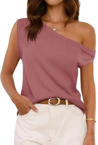 Cicy Bell Womens Off One Shoulder Tops Summer Ribbed Knit Tank Tops Trendy Casual Loose Fit Sleeveless Tee Shirts in Saudi Arabia