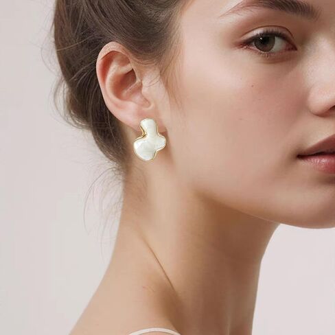 Irregular Statement Earrings for Women Unique Stainless Steel Petal White Enamel Large Stud Trendy Jewelry in Kuwait