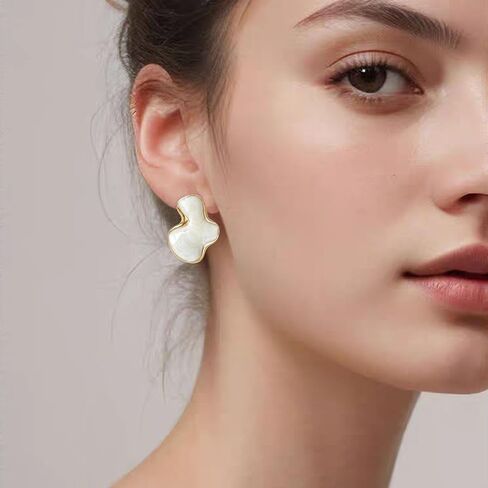 Irregular Statement Earrings for Women Unique Stainless Steel Petal White Enamel Large Stud Trendy Jewelry in Kuwait