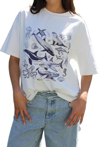 Women Y2k Oversized Graphic Tees Floral Ocean Print Short Sleeve Crewneck Tshirts Teen Girls Aesthetic Streetwear in Saudi Arabia