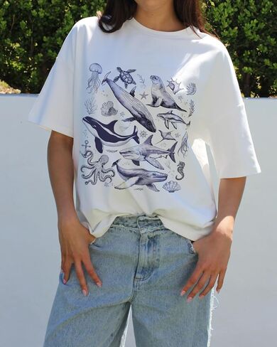 Women Y2k Oversized Graphic Tees Floral Ocean Print Short Sleeve Crewneck Tshirts Teen Girls Aesthetic Streetwear in Saudi Arabia