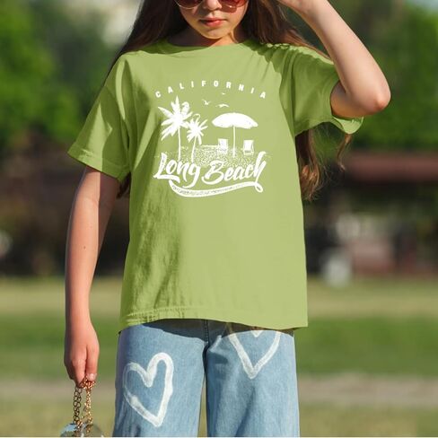 Cute Shirts for Girls Kids Preppy Letter Print Graphic Tees Oversized Aesthetic California Beach Tshirts Summer Tops in Saudi Arabia