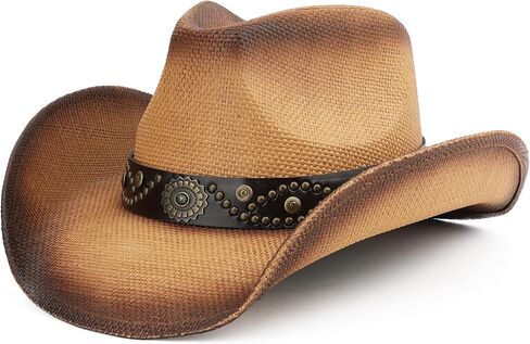 Melesh Adult Sun Straw Women Men Cowgirl Western Cowboy Hat Colored in Kuwait