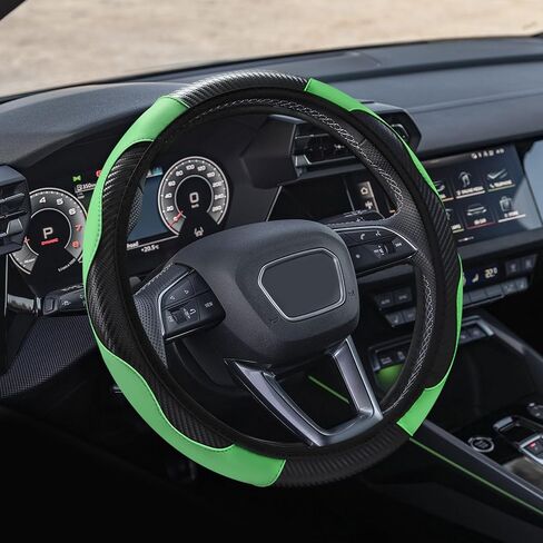 Car Steering Wheel Cover, 15 inch Carbon Fiber Microfiber PU Leather Elastic Steering Wheel Protector, Universal Car Accessories (Green) in Saudi Arabia