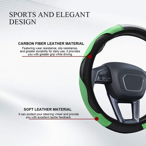 Car Steering Wheel Cover, 15 inch Carbon Fiber Microfiber PU Leather Elastic Steering Wheel Protector, Universal Car Accessories (Green) in Saudi Arabia