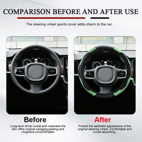Car Steering Wheel Cover, 15 inch Carbon Fiber Microfiber PU Leather Elastic Steering Wheel Protector, Universal Car Accessories (Green) in Saudi Arabia