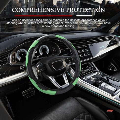 Car Steering Wheel Cover, 15 inch Carbon Fiber Microfiber PU Leather Elastic Steering Wheel Protector, Universal Car Accessories (Green) in Saudi Arabia