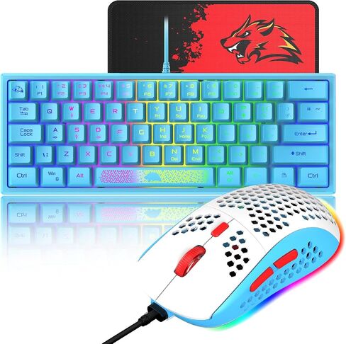 60% Gaming Keyboard and Mouse Combo Samll Mini RGB Backlight Mechanical Feeling and Mechanical RGB 6400 DPI Honeycomb Optical Mouse,Gaming Mouse pad for Gamers and Typists (White & Blue) in Kuwait