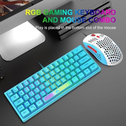60% Gaming Keyboard and Mouse Combo Samll Mini RGB Backlight Mechanical Feeling and Mechanical RGB 6400 DPI Honeycomb Optical Mouse,Gaming Mouse pad for Gamers and Typists (White & Blue) in Kuwait