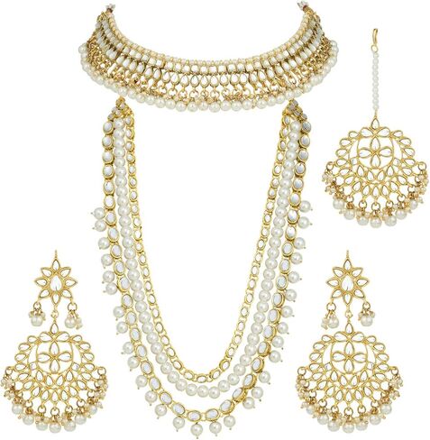 Aheli Wedding Party Wear Bridal Jewellery Choker Long Pearl Necklace Earrings Maang Tikka Indian Traditional Set Gift for Women in Kuwait