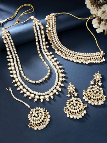 Aheli Wedding Party Wear Bridal Jewellery Choker Long Pearl Necklace Earrings Maang Tikka Indian Traditional Set Gift for Women in Kuwait