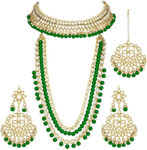 Aheli Wedding Party Wear Bridal Jewellery Choker Long Pearl Necklace Earrings Maang Tikka Indian Traditional Set Gift for Women in Kuwait