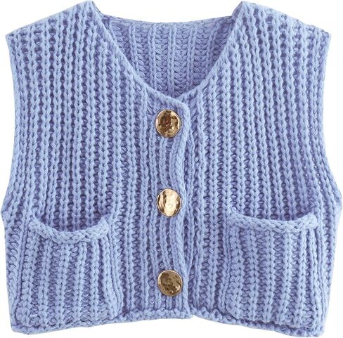 Women Sleeveless Knit Sweater Vest Crochet Chunky Button Down Cardigan Crop Vests Tops with Pockets in Kuwait