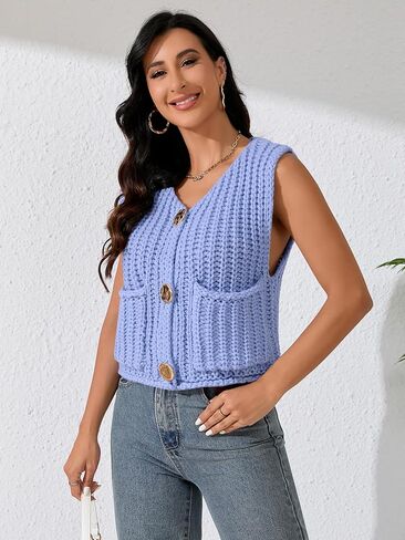 Women Sleeveless Knit Sweater Vest Crochet Chunky Button Down Cardigan Crop Vests Tops with Pockets in Kuwait