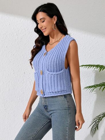 Women Sleeveless Knit Sweater Vest Crochet Chunky Button Down Cardigan Crop Vests Tops with Pockets in Kuwait