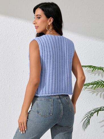 Women Sleeveless Knit Sweater Vest Crochet Chunky Button Down Cardigan Crop Vests Tops with Pockets in Kuwait