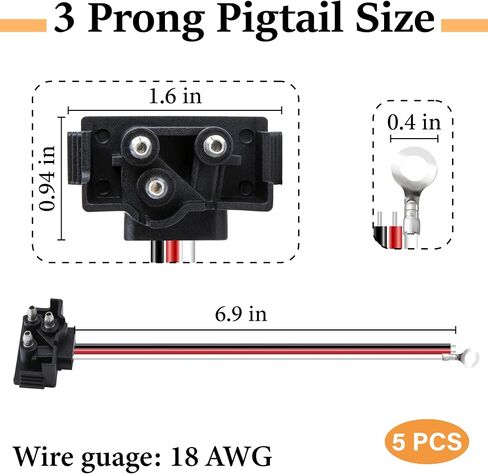 5 PCS 3 Wire Plug Truck Trailer Light Plug, 3 Prong Pigtail Wire Plug, Right Angle Pigtail Harness for Stop Turn Tail Light, Fit with Sealed 4" Round Lights and 6" Oval Lights in Kuwait