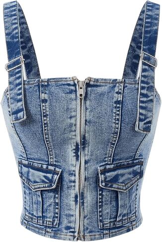 Shenhe Women's up up Denim Top Slockable Straps Sleveless Jean Top مع جيوب in Kuwait