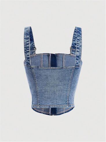 Shenhe Women's up up Denim Top Slockable Straps Sleveless Jean Top مع جيوب in Kuwait