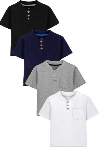 Poroka 4 Pack Toddlers and Boys' Cotton Short-Sleeve T-Shirts Pocket Button Crew Neck Tee Short-Sleeve Shirts in Kuwait