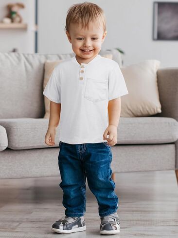 Poroka 4 Pack Toddlers and Boys' Cotton Short-Sleeve T-Shirts Pocket Button Crew Neck Tee Short-Sleeve Shirts in Kuwait
