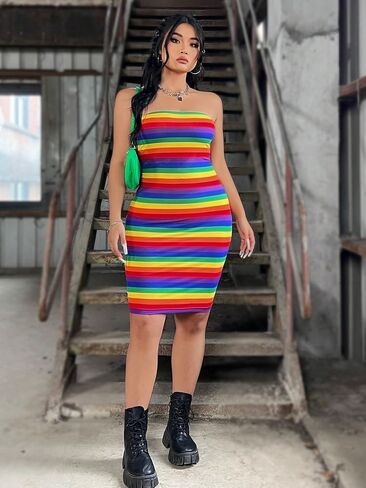 875 - Plus Size Rainbow Striped Bodycon Short Sleeve Off Shoulder Pride Summer Dress in Kuwait